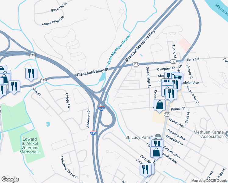 map of restaurants, bars, coffee shops, grocery stores, and more near 53 Gaston Street in Methuen