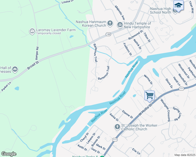 map of restaurants, bars, coffee shops, grocery stores, and more near 3 Mayfair Lane in Nashua