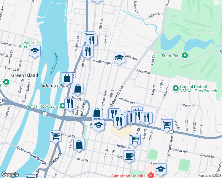 map of restaurants, bars, coffee shops, grocery stores, and more near 401 10th Street in Troy