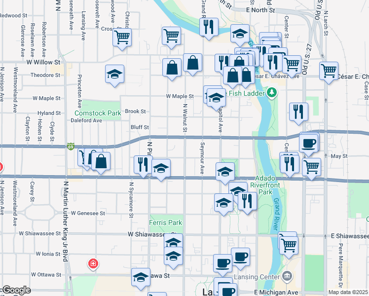 map of restaurants, bars, coffee shops, grocery stores, and more near 810 North Walnut Street in Lansing