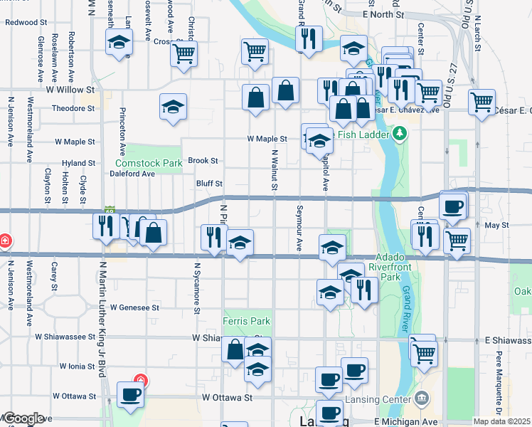 map of restaurants, bars, coffee shops, grocery stores, and more near 420 West Madison Street in Lansing