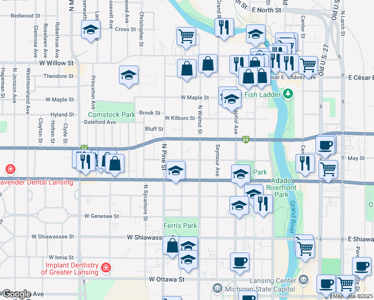 map of restaurants, bars, coffee shops, grocery stores, and more near 420 West Madison Street in Lansing