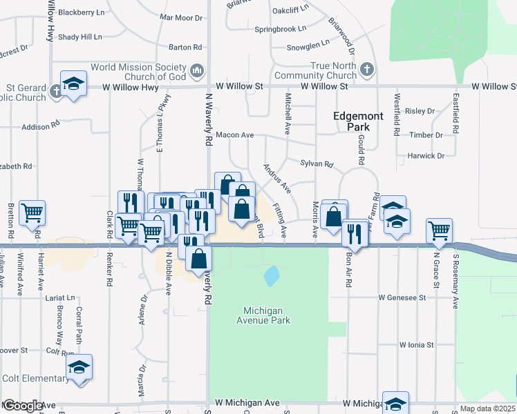 map of restaurants, bars, coffee shops, grocery stores, and more near 750 Edgemont Boulevard in Lansing