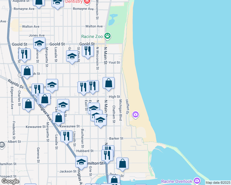 map of restaurants, bars, coffee shops, grocery stores, and more near 1702 Michigan Boulevard in Racine