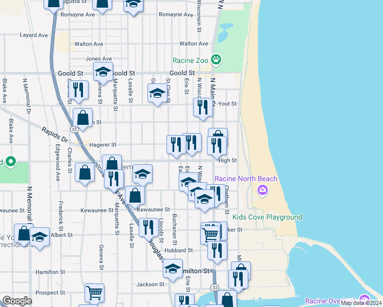 map of restaurants, bars, coffee shops, grocery stores, and more near 420 High Street in Racine