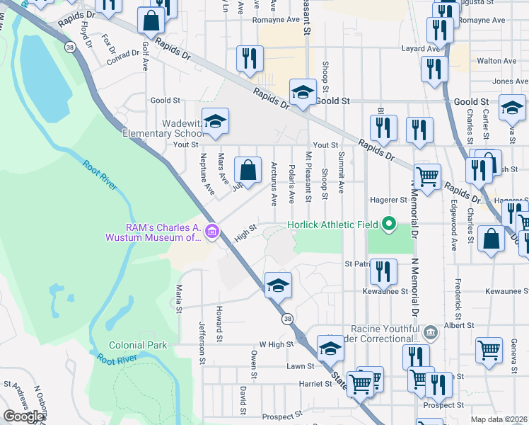 map of restaurants, bars, coffee shops, grocery stores, and more near 1700 Mercury Circle in Racine