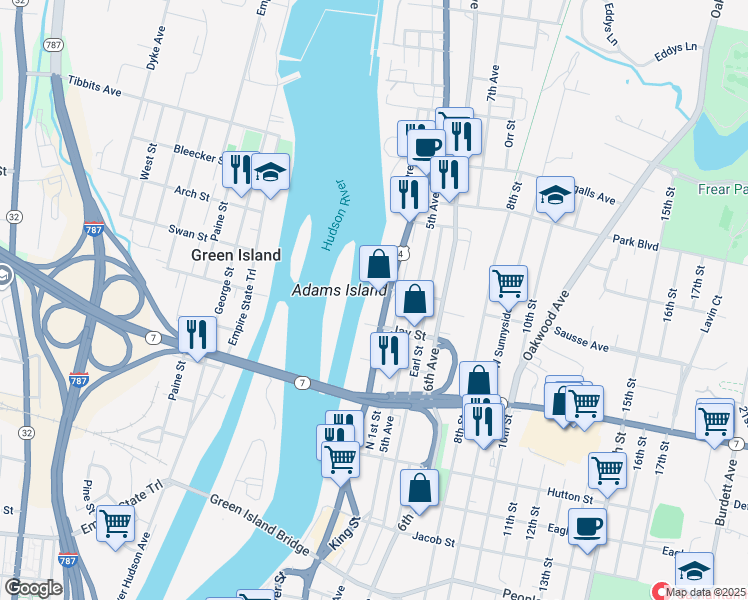 map of restaurants, bars, coffee shops, grocery stores, and more near 605 River Street in Troy