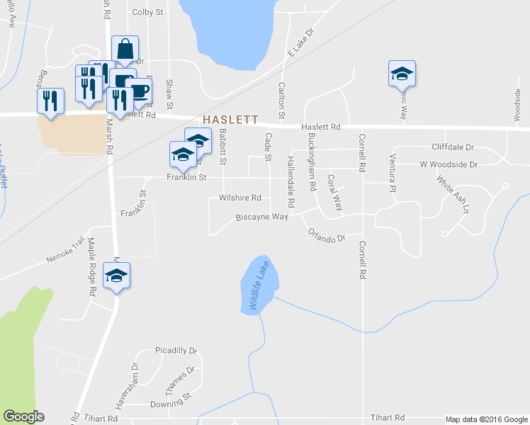 map of restaurants, bars, coffee shops, grocery stores, and more near 1396 Biscayne Way in Haslett