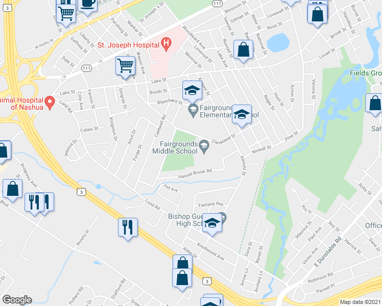 map of restaurants, bars, coffee shops, grocery stores, and more near 27 Cleveland Street in Nashua