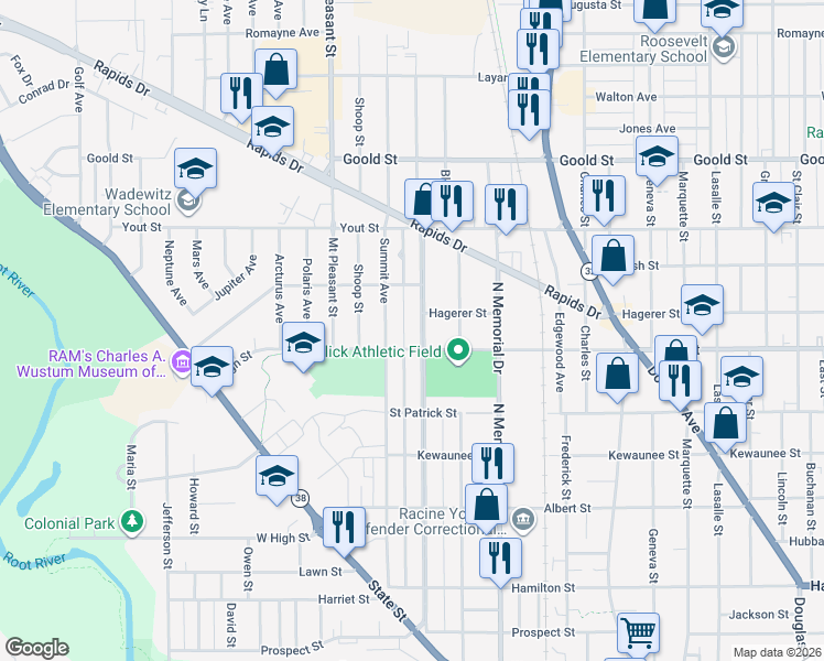 map of restaurants, bars, coffee shops, grocery stores, and more near 1716 Carlisle Avenue in Racine