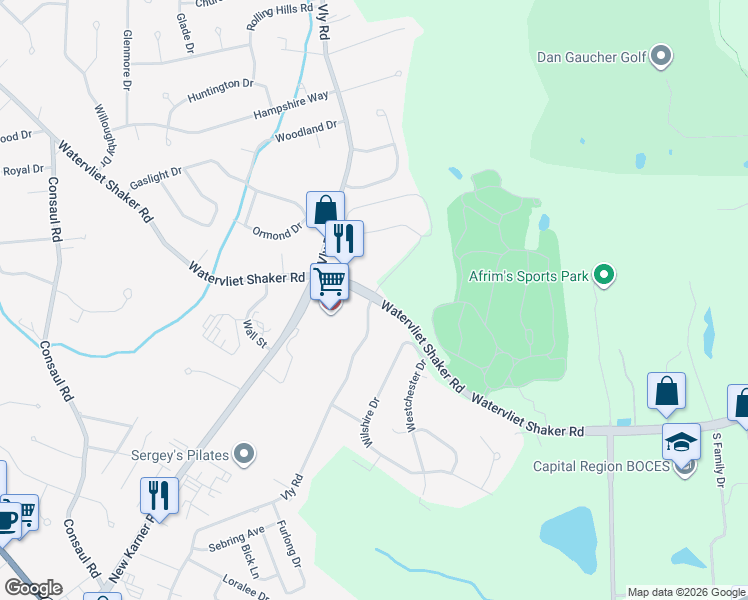 map of restaurants, bars, coffee shops, grocery stores, and more near 145 Vly Rd in Niskayuna