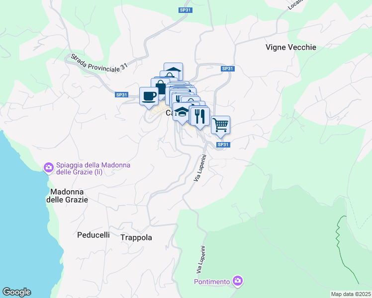 map of restaurants, bars, coffee shops, grocery stores, and more near 24 Via dei Caduti in Capoliveri