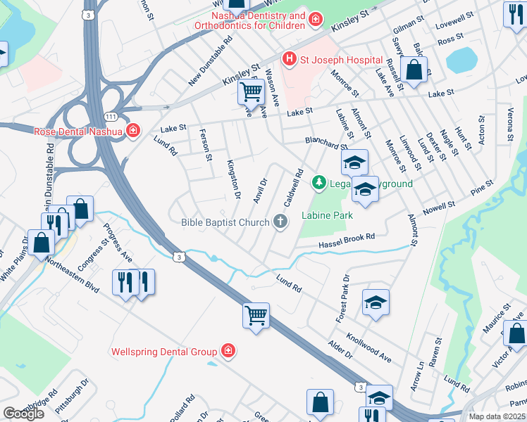 map of restaurants, bars, coffee shops, grocery stores, and more near 22 Forge Drive in Nashua