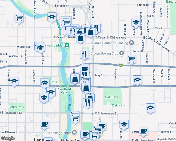 map of restaurants, bars, coffee shops, grocery stores, and more near 505 Monroe Street in Lansing