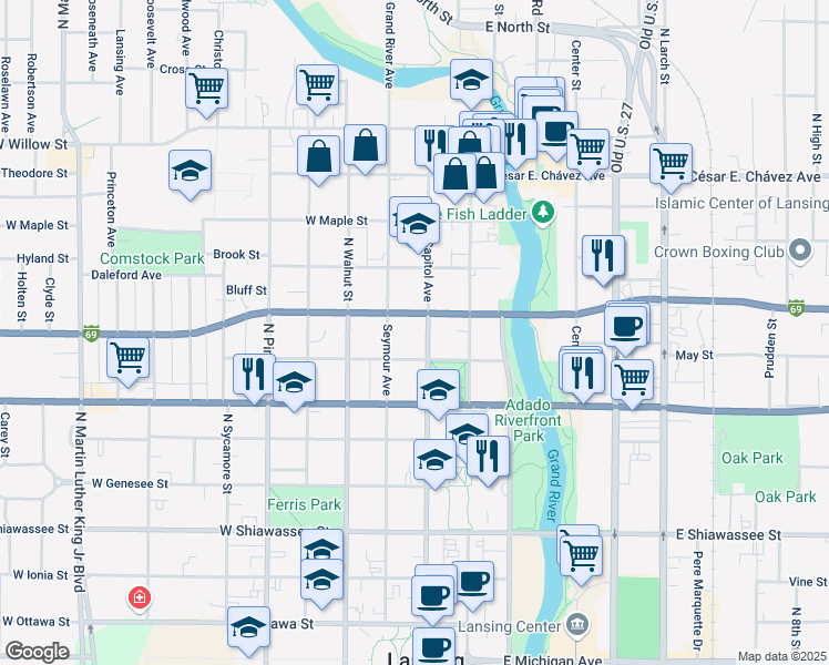 map of restaurants, bars, coffee shops, grocery stores, and more near 804 Seymour Avenue in Lansing