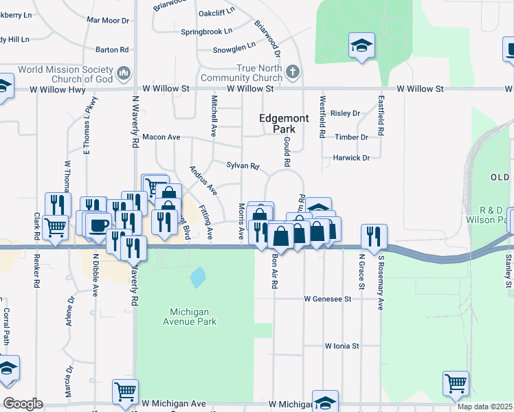 map of restaurants, bars, coffee shops, grocery stores, and more near 3314 Upton Road in Lansing