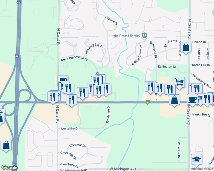 map of restaurants, bars, coffee shops, grocery stores, and more near 700-798 Starkweather Dr in Lansing