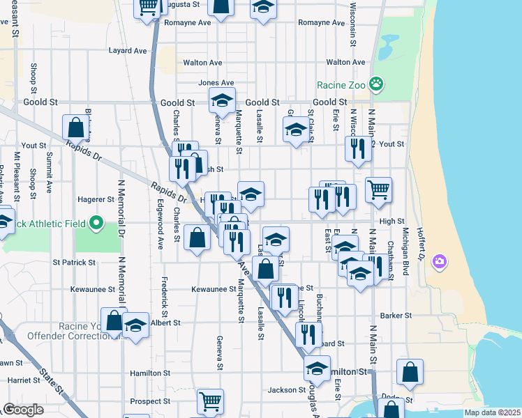 map of restaurants, bars, coffee shops, grocery stores, and more near in Racine