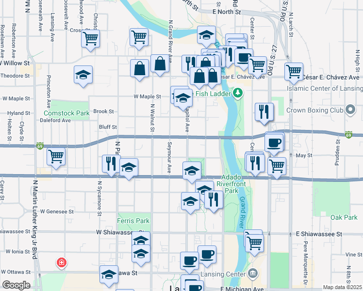 map of restaurants, bars, coffee shops, grocery stores, and more near 804 Seymour Avenue in Lansing
