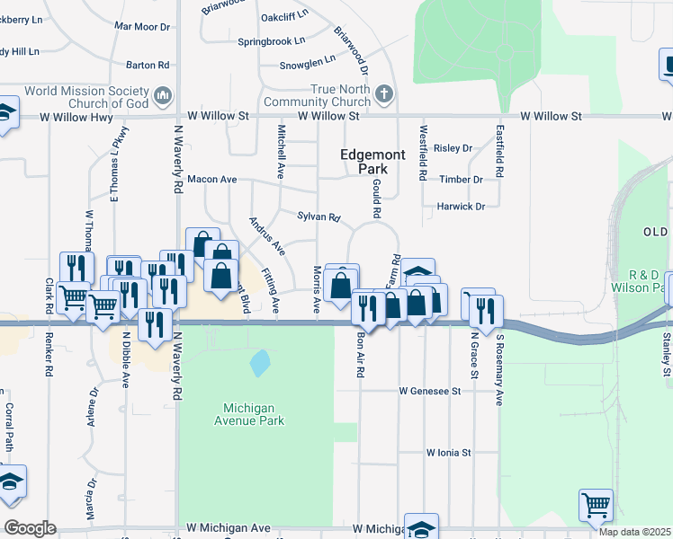 map of restaurants, bars, coffee shops, grocery stores, and more near 3314 Upton Road in Lansing
