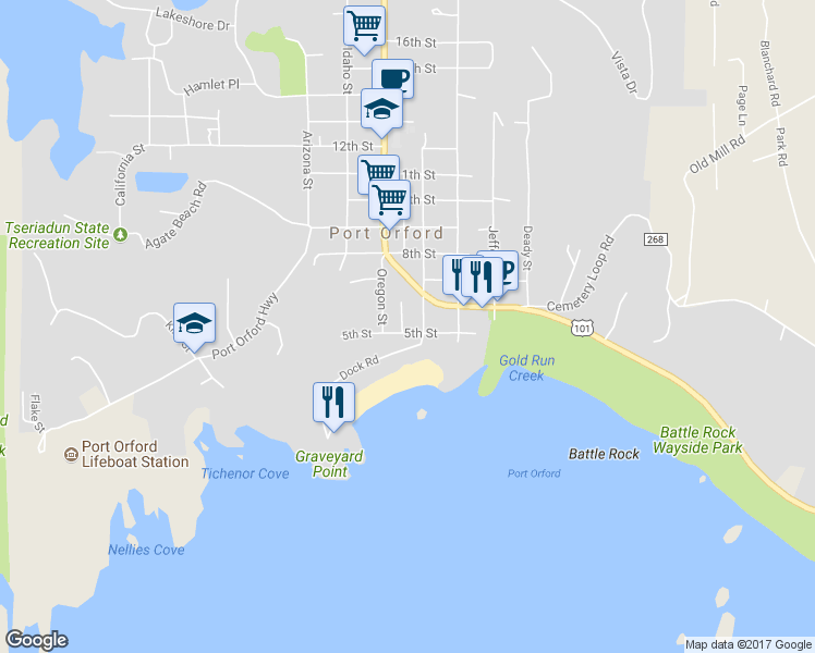 map of restaurants, bars, coffee shops, grocery stores, and more near 440 5th Street in Port Orford