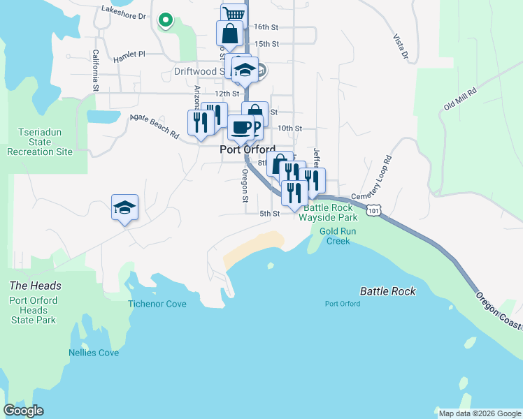map of restaurants, bars, coffee shops, grocery stores, and more near 440 5th Street in Port Orford
