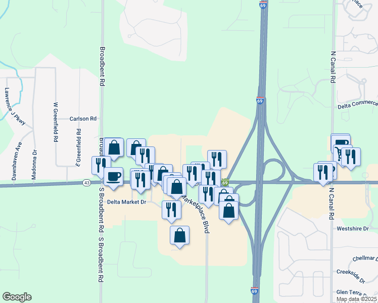 map of restaurants, bars, coffee shops, grocery stores, and more near 8300 West Saginaw Highway in Lansing