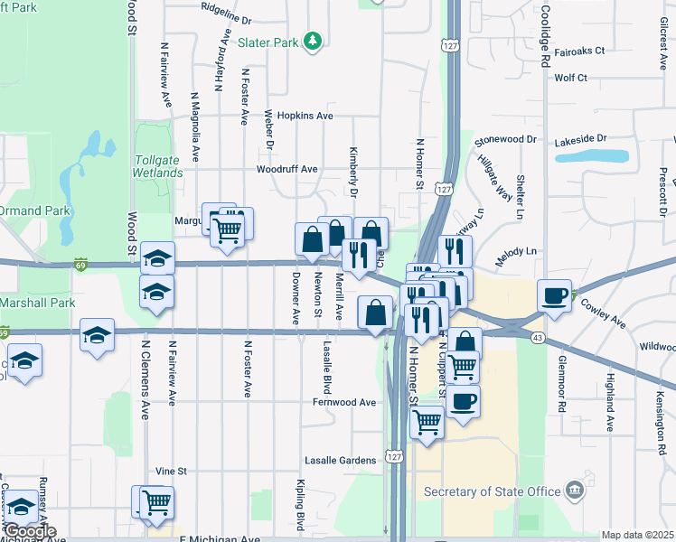 map of restaurants, bars, coffee shops, grocery stores, and more near 2756 East Grand River Avenue in Lansing