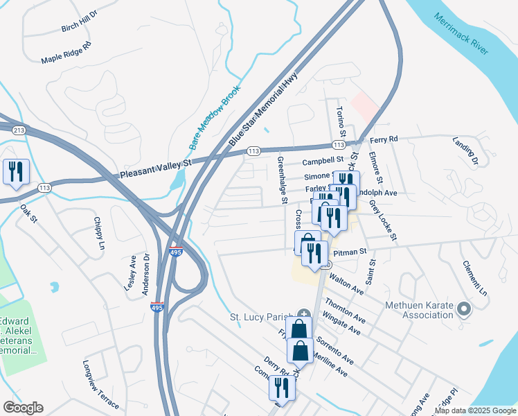 map of restaurants, bars, coffee shops, grocery stores, and more near 27 Gaston Street in Methuen