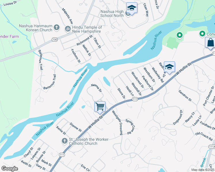 map of restaurants, bars, coffee shops, grocery stores, and more near 681 West Hollis Street in Nashua