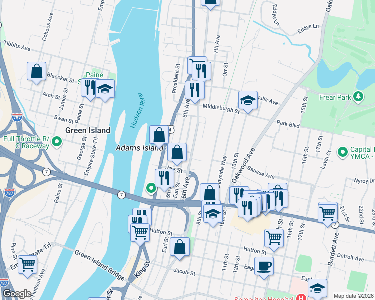 map of restaurants, bars, coffee shops, grocery stores, and more near 2639 6th Avenue in Troy