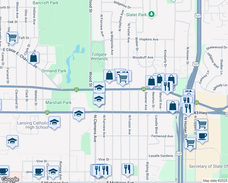 map of restaurants, bars, coffee shops, grocery stores, and more near 813 North Magnolia Avenue in Lansing