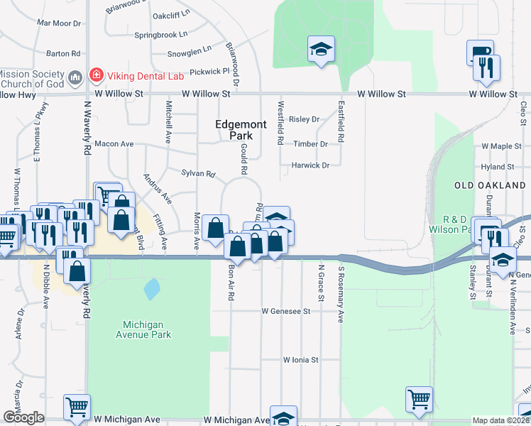 map of restaurants, bars, coffee shops, grocery stores, and more near 750 Dryer Farm Road in Lansing