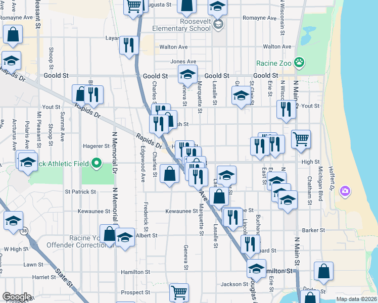 map of restaurants, bars, coffee shops, grocery stores, and more near 1118 High Street in Racine