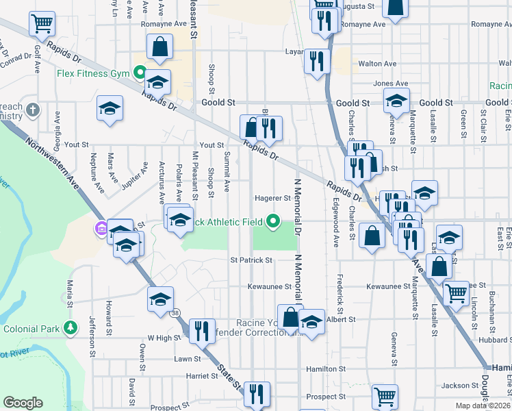 map of restaurants, bars, coffee shops, grocery stores, and more near 1718 High Street in Racine