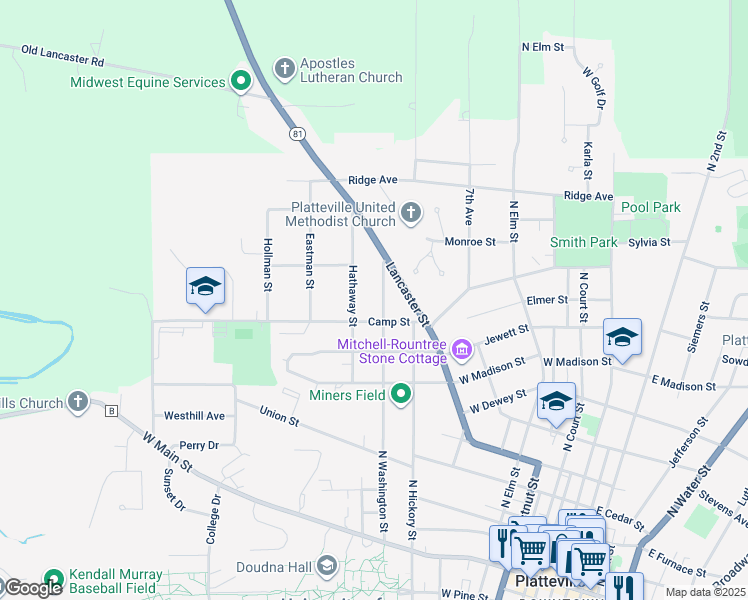 map of restaurants, bars, coffee shops, grocery stores, and more near 740 Camp Street in Platteville