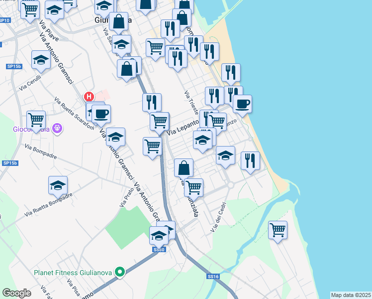 map of restaurants, bars, coffee shops, grocery stores, and more near 17 Via Simoncini in Giulianova