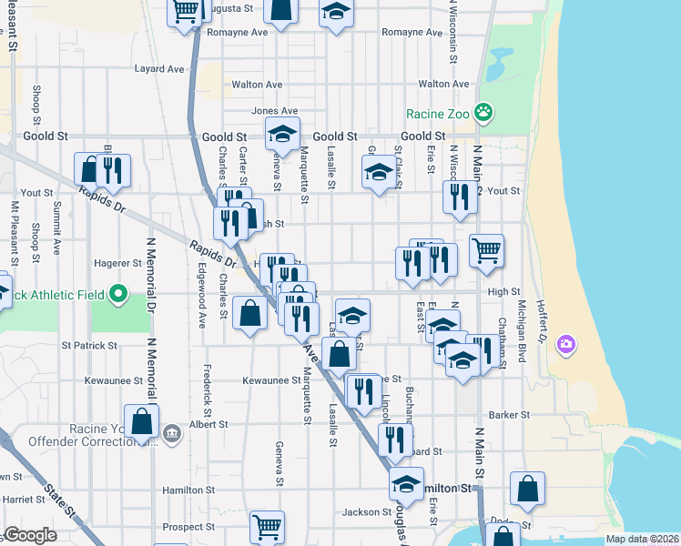 map of restaurants, bars, coffee shops, grocery stores, and more near in Racine