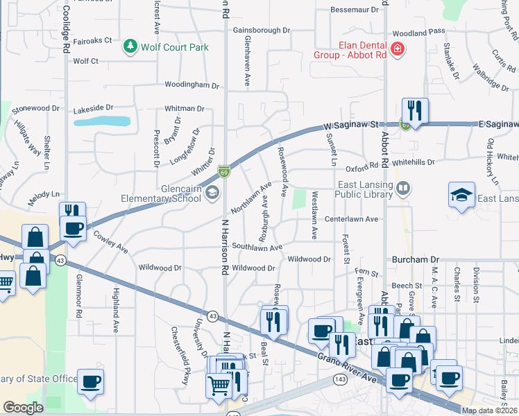 map of restaurants, bars, coffee shops, grocery stores, and more near 912 Glenhaven Avenue in East Lansing