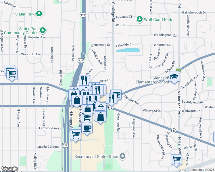 map of restaurants, bars, coffee shops, grocery stores, and more near 905 Coolidge Road in Lansing