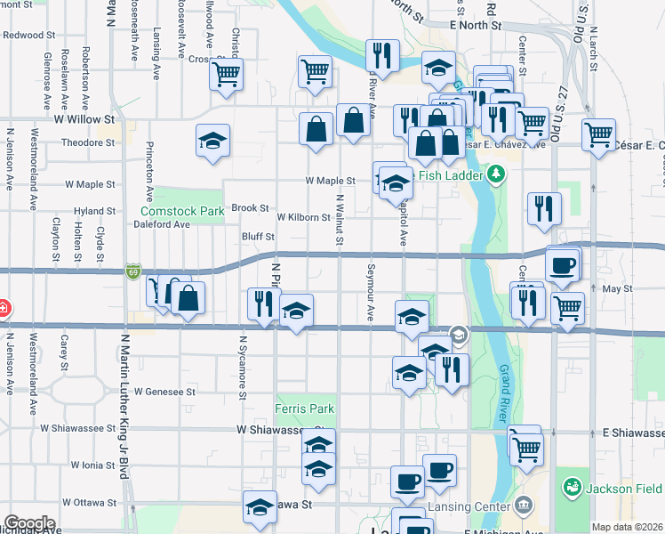 map of restaurants, bars, coffee shops, grocery stores, and more near 825 North Walnut Street in Lansing