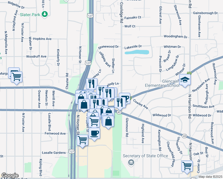 map of restaurants, bars, coffee shops, grocery stores, and more near 3225 Holiday Drive in Lansing