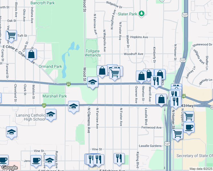 map of restaurants, bars, coffee shops, grocery stores, and more near 813 North Magnolia Avenue in Lansing