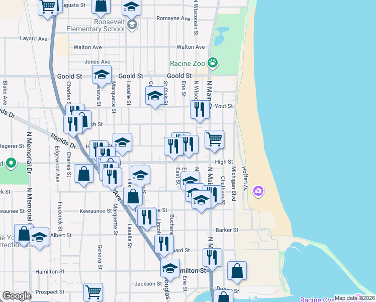map of restaurants, bars, coffee shops, grocery stores, and more near 420 High Street in Racine