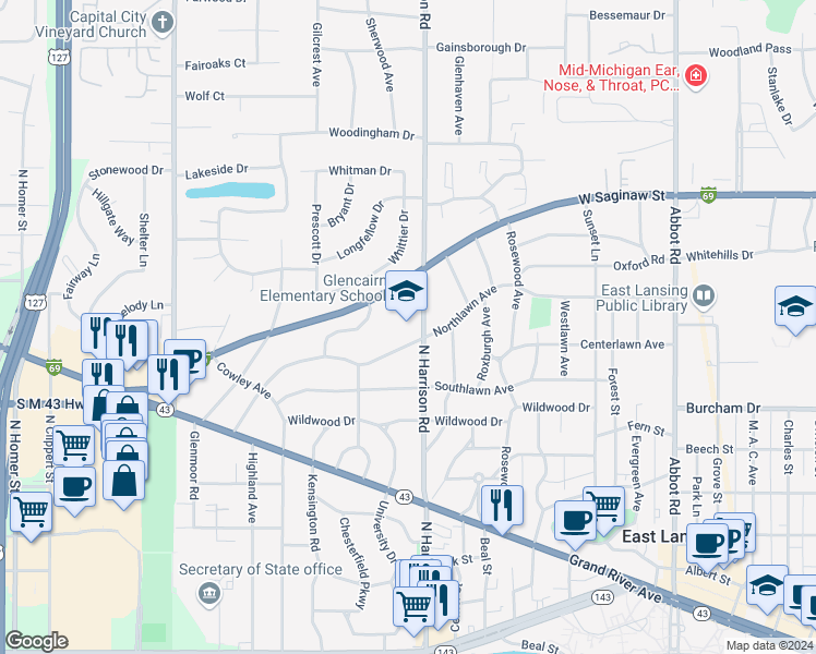 map of restaurants, bars, coffee shops, grocery stores, and more near 939 North Harrison Road in East Lansing