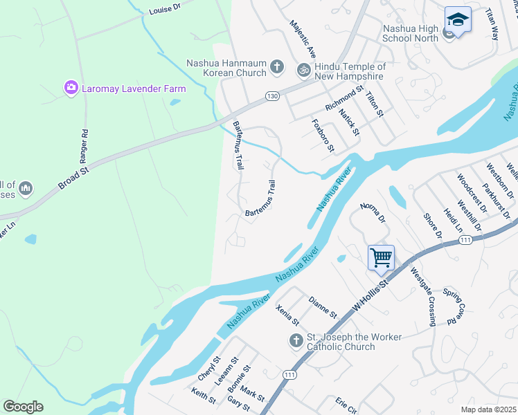 map of restaurants, bars, coffee shops, grocery stores, and more near 11 Bartemus Trail in Nashua