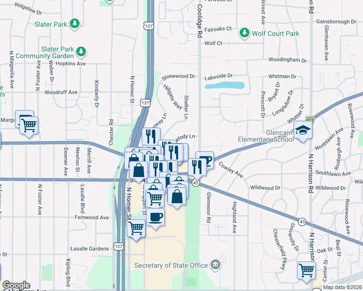 map of restaurants, bars, coffee shops, grocery stores, and more near 3227 Holiday Drive in Lansing