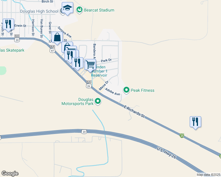 map of restaurants, bars, coffee shops, grocery stores, and more near 2019 Adobe Avenue in Douglas
