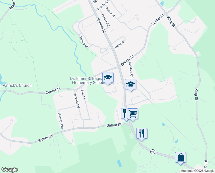 map of restaurants, bars, coffee shops, grocery stores, and more near 253 School Street in Groveland