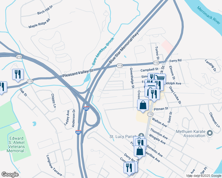 map of restaurants, bars, coffee shops, grocery stores, and more near 35 Gaston Street in Methuen